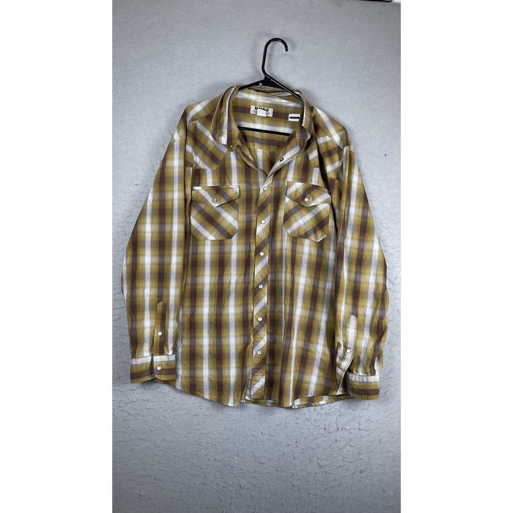 Duke Haband Shirt Mens XL Brown Plaid Long Sleeve Snap Button Western Casual